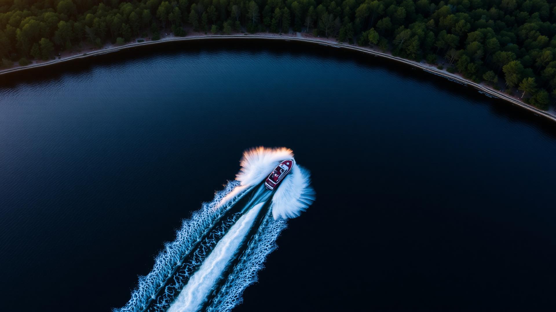Aerial view of a wake surfing boat carving across a deep blue Southern lake